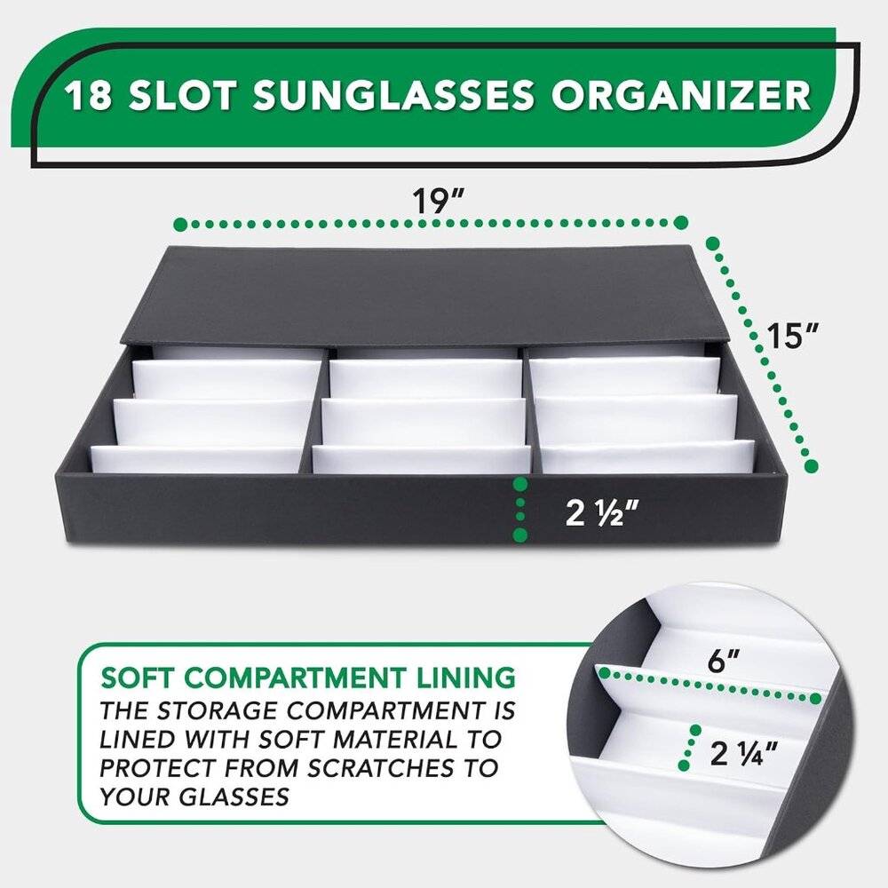 18 Slot Sunglasses Organizer Box Stand Display Case/Tray, Fabric Lined & Snap Cl - Picture 2 of 5